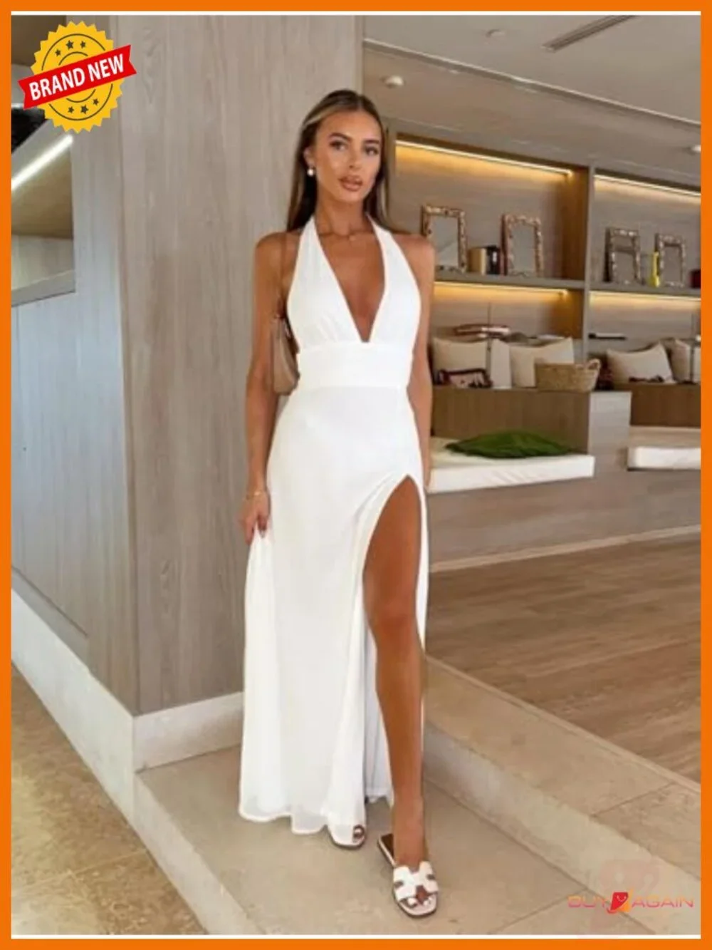 Halter Chiffon Maxi Dress A-Line Sleeveless Deep V-Neck High Slit Open Back